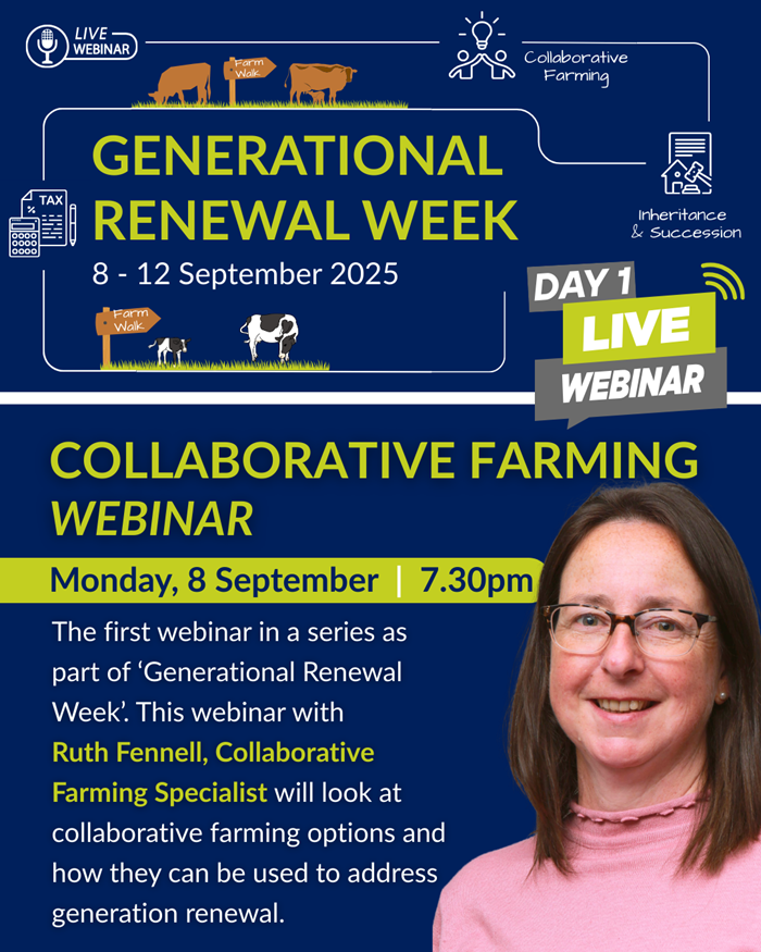 A graphic promoting generational renewal week featuring an image of Ruth Fennell and the details of the upcoming webinar, details on which are included in the article