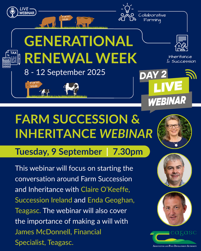 A graphic featuring headshots of Claire O'Keeffe, Enda Geoghan and James McDonnell, all other information supplied within the article text to promote generational renewal week
