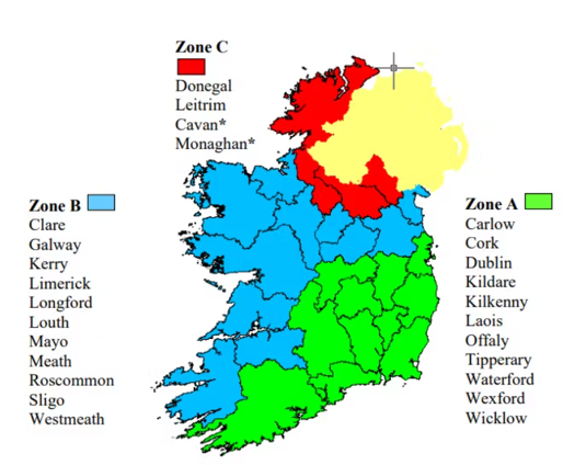 County map of Ireland categorises counties into three zones. Green Zone A covers eastern and south-eastern counties, blue Zone B covers western and central counties, red Zone C covers Donegal, Leitrim, Cavan and Monaghan.