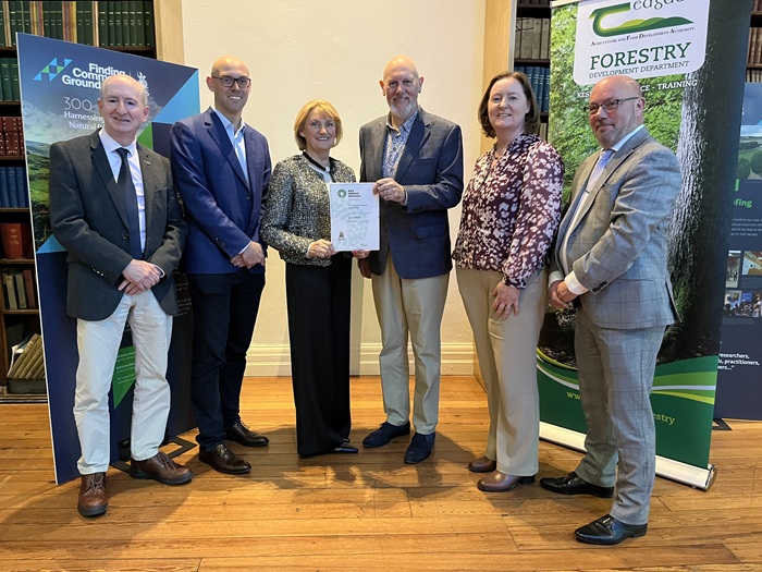 Receiving the Special Commendation Award in the 2026 RDS Teagasc Farm Forestry Category is Mayo farmer Joe O’Neill. Pictured at the awards were: Noel Kennedy, Teagasc Forestry adviser, Finian O’Neill, Mary O Neill, Joe O Neill (Special Commendation Award), Frances McHugh, Teagasc Forestry adviser, and John Spink, Head of the Crops, Environment and Land Use Programme in Teagasc.