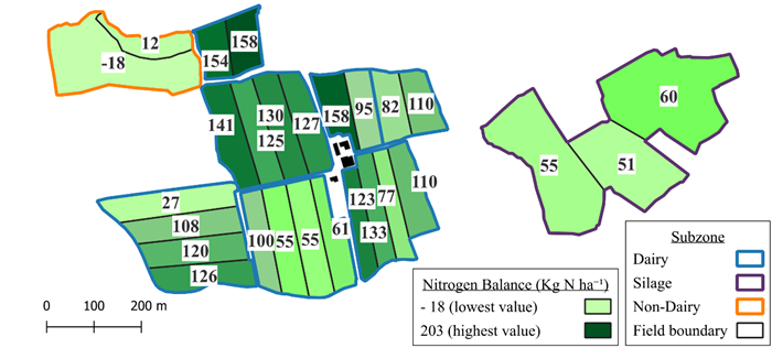 Map series showing nitrogen balance across farm, subzone, and field scales with distinct colour coding for dairy, silage, and non-dairy subzones. Darker green shades indicate higher nitrogen balance values, with specific numeric labels highlighting key data points and spatial distribution patterns within each scale.