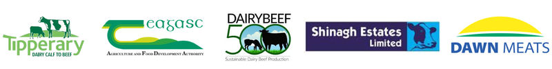 Logos - Tipperary Dairy calf to beef, Teagasc, DairyBeef 500, Shinagh Estates Ltd and Dawn Meats