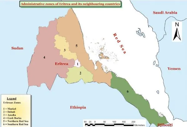 Map showing Eritrea and neighboring countries. Six colored zones with numbers represent administrative divisions, bordered by Sudan and Ethiopia to the west, Red Sea to the east.