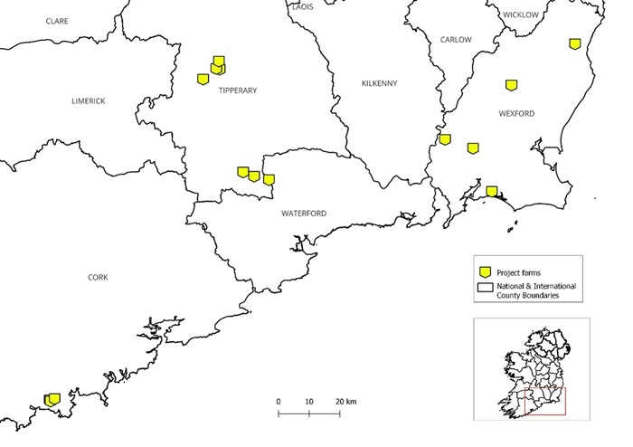 Map showing locations of project farms across counties in southern Ireland, marked with yellow squares. County boundaries are outlined in black, with a scale bar indicating distances up to 20 km and an inset map highlighting the specific region within Ireland.