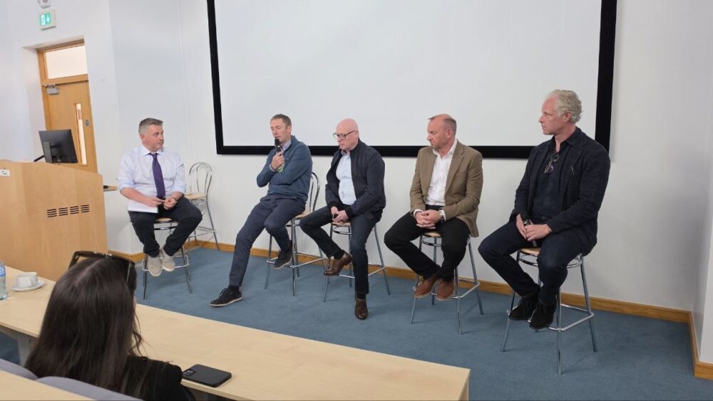 Pictured at the Innovation Day industry panel were Dr. Michael Gaffney with Padraic O’Leary (Walsh Mushrooms), Dessie McGuigan (Goldcircle Mushrooms), Leslie Codd (Codd Mushrooms), and Paul Wilson (Monaghan Mushrooms)
