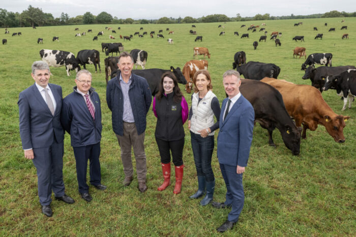 Pictured at an open day on the farm of 2024 National Winners of the National Dairy Council and Kerrygold Quality Milk Awards are Michael Harte, Chief Executive Dairygold, Professor Frank O'Mara, Teagasc Director, host Aidan Kennedy, Cahir, Co Tipperary, Emma Walls, Chief Executive, National Dairy Council, host Derval Kennedy and Conor Galvin, Chief Executive Ornua.  Photo: O'Gorman Photography. 