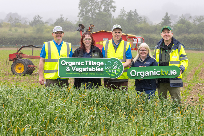 Pictured launching the project (L to R): John Hendrick, Organic Tillage & Vegetables Project Coordinator; Niamh Redmond, EIP Section, Department of Agriculture, Food and the Marine; Martin Bourke, Organic Tillage & Vegetables Project Leader and Organic Tillage Specialist, Teagasc; Tracy O’Donoghue, EIP Section, Department of Agriculture, Food and the Marine; and Brian McGee, Principal Officer, Organics, Market Support and Locally Led Division, Department of Agriculture, Food and the Marine (DAFM).  