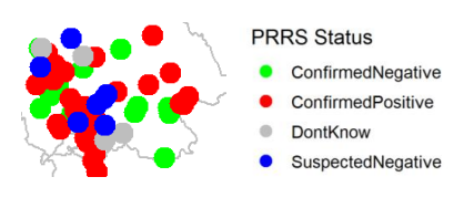 A map of Cavan showing the ammonized PRRS status of herds in the county. Green dots indicate confirmed/negative, red dots represent confirmed/positive, gray dots represent don't know and blue dots represent suspected/negative