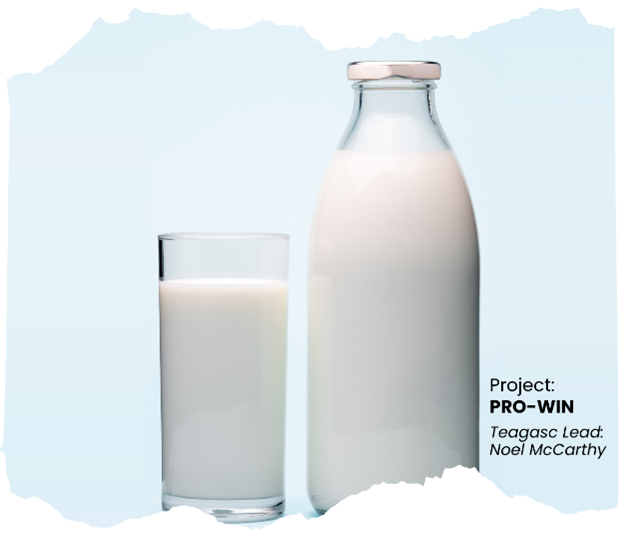 Overlaid text stating: Project ProWin, project led by Noel McCarthy. An image of a bottle and glass of milk