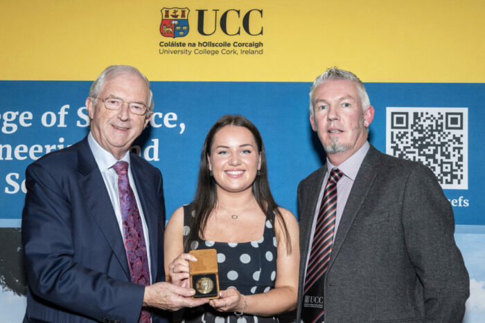 Pictured in University College Cork at an awards ceremony for graduates of the Bachelor of Agricultural Science degree are Michael Berkery, Chairman FBD Trust, Sarah Cussen, Carrigaline, Co Cork receiving the FBD Student of the Year Award and Prof Frank Buckley, Head of Agricultural Science and academic director of the Agricultural Science degree programme at UCC. Photo O'Gorman Photography.