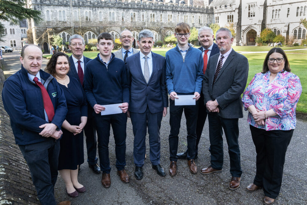 Pictured at the presentation of the Dairygold Co-operative Society undergraduate bursaries to students undertaking the Bachelor of Agricultural Science degree at University College Cork are Prof. Laurence Shalloo, Head of the Animal & Grassland Research and Innovation Programme, Teagasc, Saba Loftus, Head of Development College of Science, Pat Clancy, Chairman, Dairygold, bursary recipient Patrick Kirby, Killeedy, County Limerick, Prof. Antony Knights, Head, School of Biological, Earth and Environmental Sciences (BEES), Michael Harte, Chief Executive, Dairygold, bursary recipient Cian Walters, Ballysimon, Co Limerick, Adrian Beatty, Group Head of Human Resources, Dairygold, Prof. Frank Buckley, Head of Agricultural Science and academic director of the Agricultural Science degree programme and Dr Deirdre Hennessy, Lecturer in Sustainable Agriculture, School of Biological, Earth and Environmental Sciences. Picture: O'Gorman Photography. 