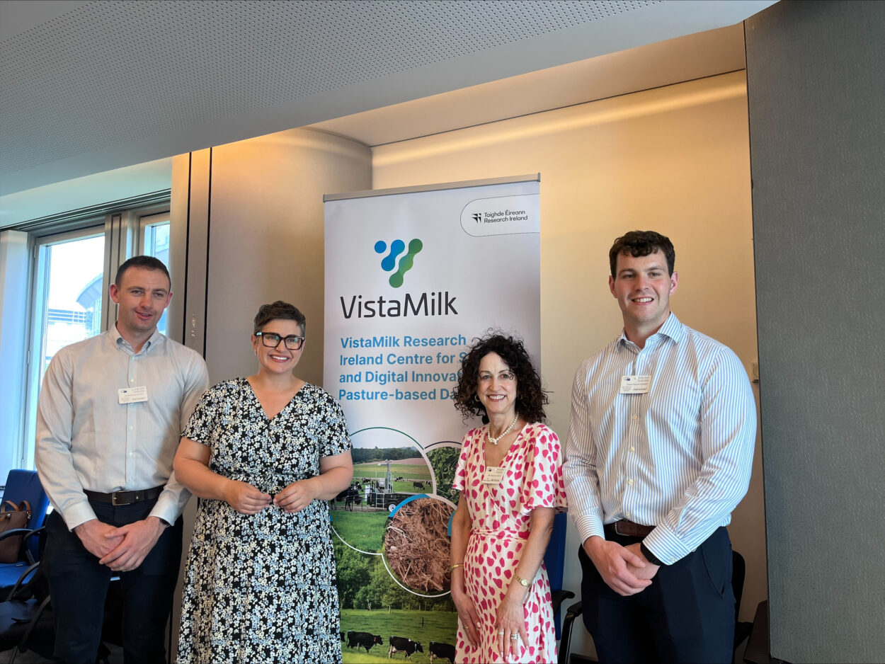Pictured at the event are Dr. Tomás Russell, Assistant Professor in Agricultural Extension and Innovation, UCD; MEP Maria Walsh, EPP, rapporteur on Generational Renewal; Professor Mary McCarthy, Vice Dean of Research and Innovation at UCC Business School; and Dr. Conor Hogan, People in Dairy Programme, Teagasc. 
