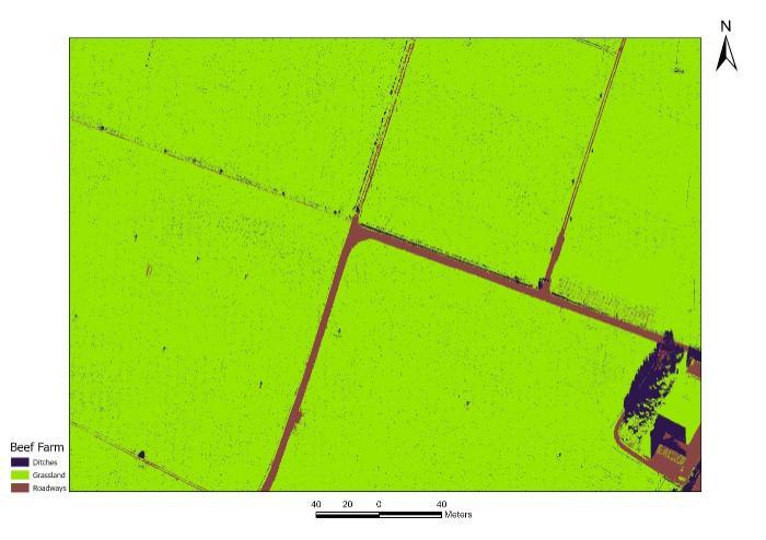 Overhead image of a beef farm, showing ditches, grassland, and roadways in different colours