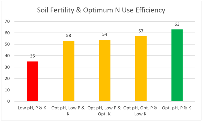 Graph showing the impact of correcting soil pH on N use efficiency. Optimising soil pH has the greatest benefit