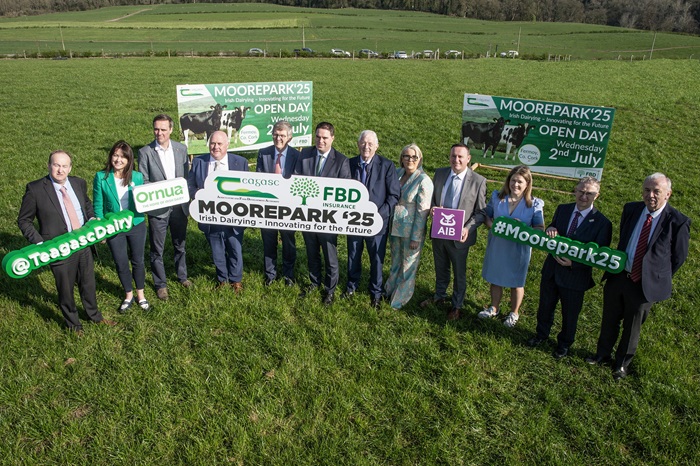 Pictured at the launch of Moorepark'25, the main Teagasc Dairy Open Day in 2025  are; Professor Laurence Shalloo, Teagasc Head of the Animal & Grassland Research and Innovation programme, Jeanne Kelly, Ornua, Dave Fitzgerald, Ornua, Noel Grealish TD, Minister of State with special responsibility for research, Liam Woulfe, Teagasc Authority, Martin Heydon TD, Minister for Agriculture, Food and the