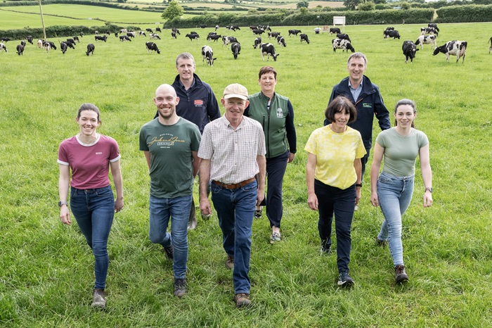 Pictured at 'Dairying at Dusk' - An Evening Walk through the Award-Winning Farm of John and Brendan Walsh, Ballylooby, Cahir, Co. Tipperary organised by Teagasc, FBD and Dairygold are (front row) hosts Claire, Brendan, John, Maria and Helena Walsh with (back row) William Ryan, Dairygold; Rena Ryan, FBD; and Dr Tom O'Dwyer, Head of Teagasc Signpost Programme. Picture: O'Gorman Photography.