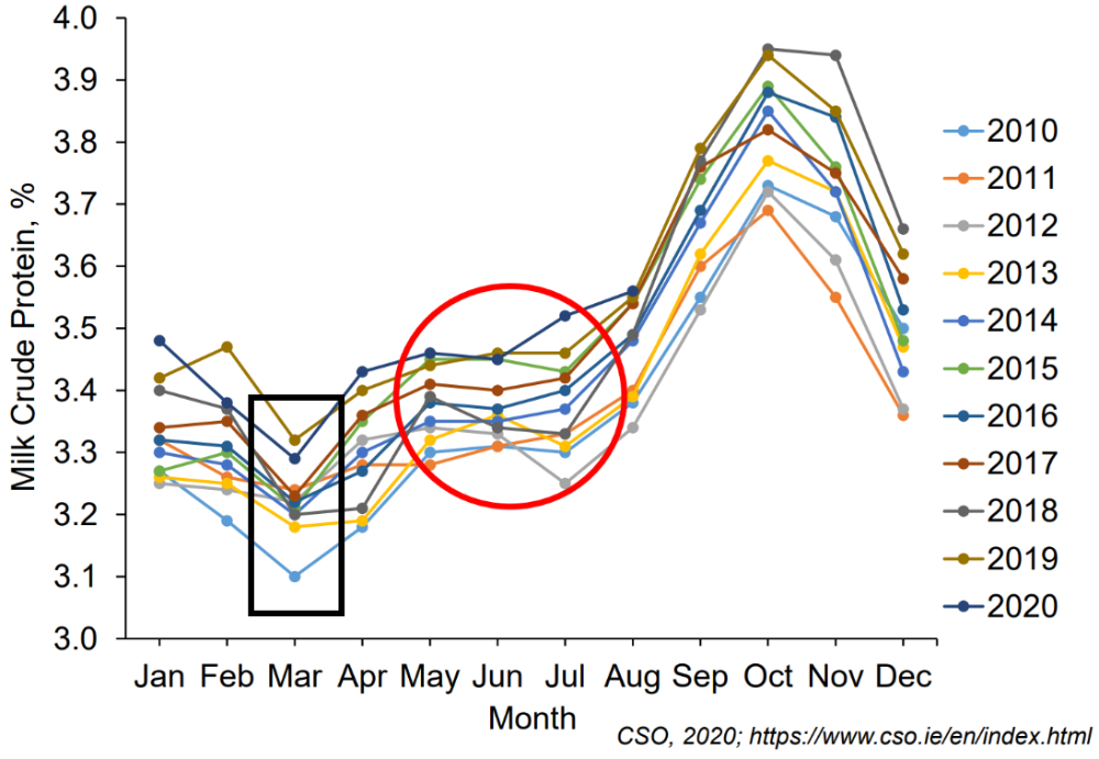 Graph of monthly milk protein from 2010 to 2020