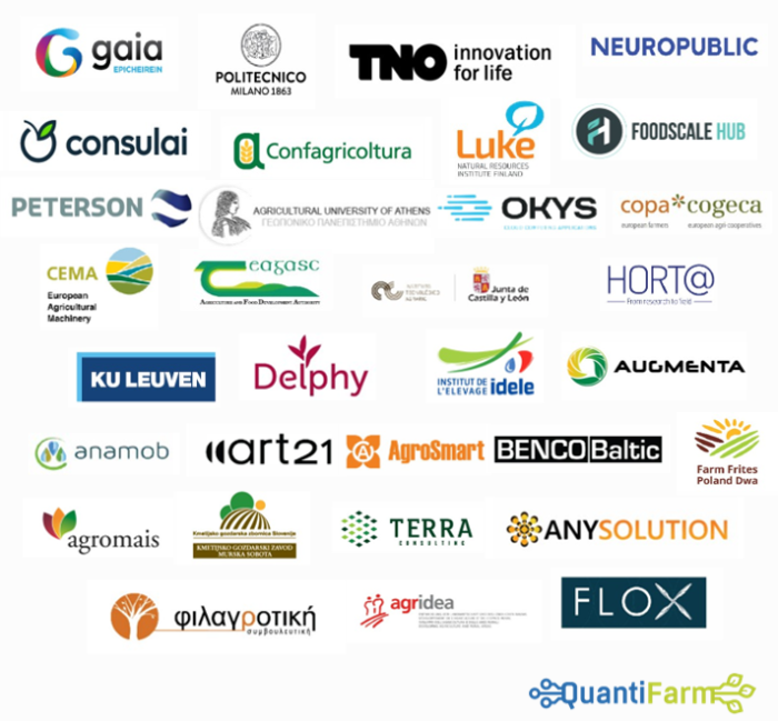 Logos of the 32 QuantiFarm partners, representing 20 countries and sectors including farmers' organisation, businesses, advisory, technology providers, research institutes, and policymakers.