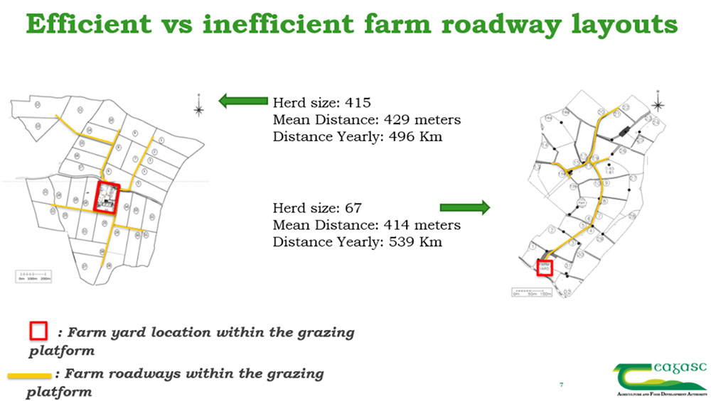 Efficient: Herd size: 415 Mean Distance: 429m Distance Yearly: 496km Inefficient: Herd size: 67 Mean Distance: 414m Distance Yearly: 539km Legend to Figure: Farm yard location within the grazing platform Farm roadways within the grazing platform