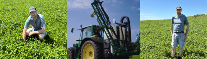 James O'Sullivan standing in field of clover and also an image of the SKAI spot sprayer 