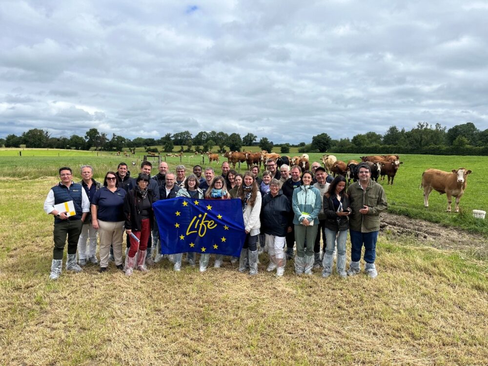 Group that visited the farm with cattle in background