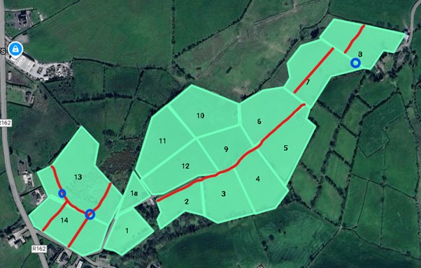 Map of paddock on farm with possible divisions and water troughs