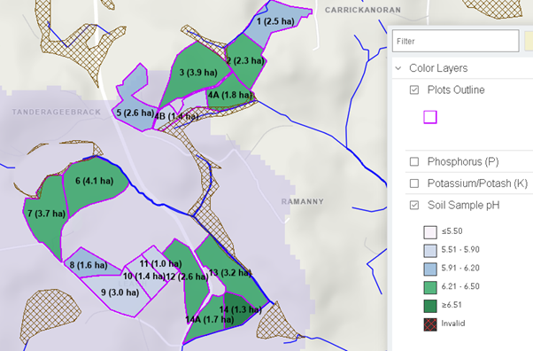 Maps of Wesley's farm showing soil pH of various fields