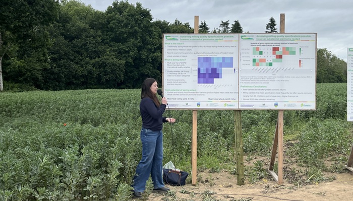 Sinead Dermody speaking in front of a display at the Crops and Technology Open Day