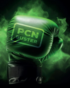 A green boxing glove with 'PCN Buster' written on it