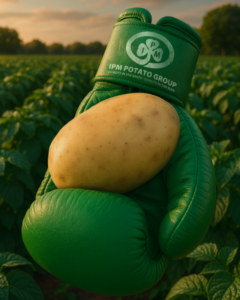 A green glove holding a Buster potato, with the IPM Potato Group logo at the wrist loop system.