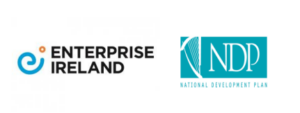 Two logos of the funders of this work, on the left is Enterprise Ireland, the primary funder. The logo has a blue swirl with a orange dot lightly above the end and text beside the swirl reading; Enterprise Ireland. On the right is a light blue filled rectangle inside is a harp and the NDP acronym, underneath the rectangle it reads; National Development Plan.
