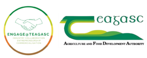 two Logos beside each other. The logo on the left is A circular logo. The circular outline is made up of five different colours, From top to bottom; Dark green, lime green, yellow, orange and light brown. Inside the circular outline, is a handshake. Underneath the handshake there is text 'Engage @ Teagasc', followed underneath by 'Industry Collaboration, Entrepreneurship, commercialisation'. The logo on the right is the Teagasc Logo, the T blends into three hills, each a different colour that represents agriculture
