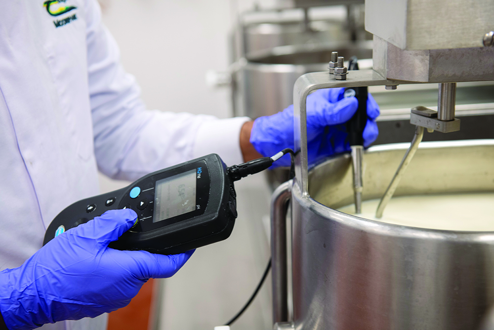 A scientist performing checks on milk during cheese production