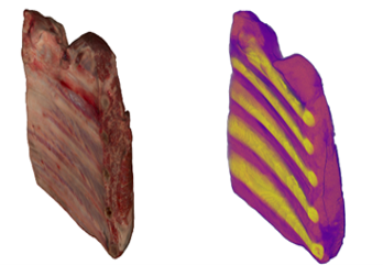 3D scan and corresponding CT scan of a meat cut showing muscle structure and marbling.