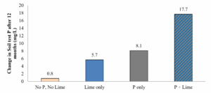 Bar chart showing changes in soil test phosphorus after 12 months. "P + Lime" has the highest increase (17.7 mg/L), followed by "P only" (8.1 mg/L), "Lime only" (5.7 mg/L), and "No P, No Lime" (0.8 mg/L).