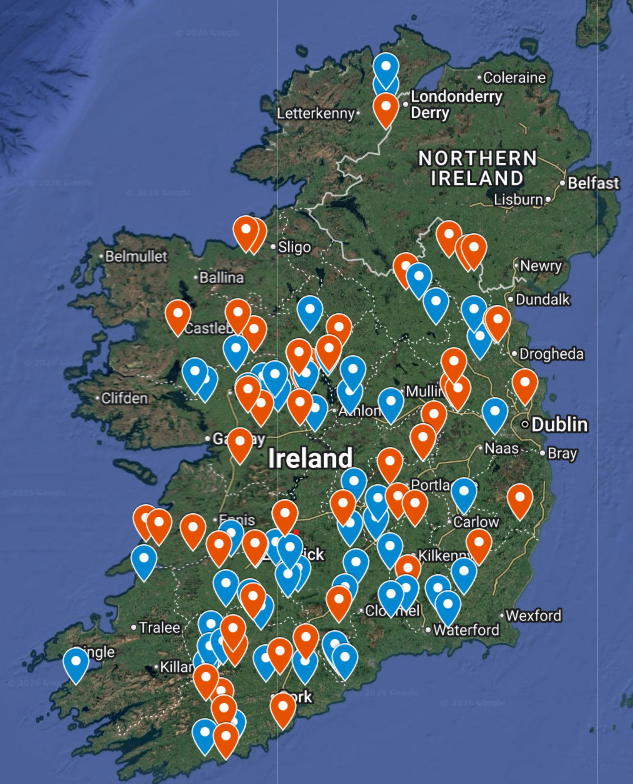 Map of Ireland displaying two types of location markers, blue represent dairy-beef farms and red represent suckler-beef farms, spread across the country.