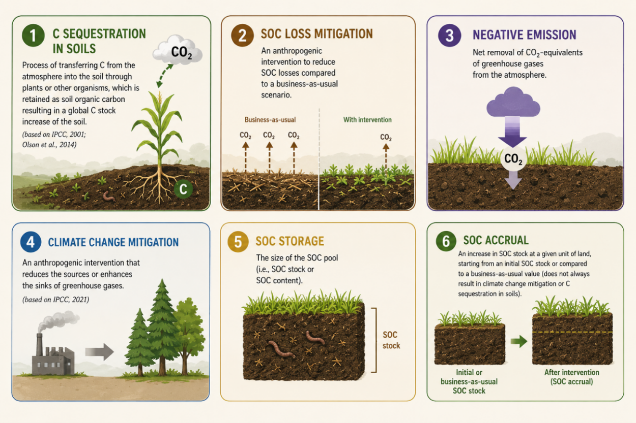 Terminology used to describe carbon (C) in soils 1. Carbon sequestration Process of transferring C from the atmosphere into the soil through plants or other organisms, which is retained as soil organic carbon resulting in a global C stock increase of the soil. 2. Soil organic carbon (SOC) loss mitigation An anthropogenic intervention to reduce SOC losses compared to a business-as-usual scenario. 3. Negative emissions Net removal of CO₂-equivalents of greenhouse gases from the atmosphere. 4. Climate Change Mitigation An anthropogenic intervention that reduces the sources or enhances the sinks of greenhouse gases. 5. SOC storage The size of the SOC pool (i.e., SOC stock or SOC content). 6. SOC accrual An increase in SOC stock at a given unit of land, starting from an initial SOC stock or compared to a business-as-usual value (does not always result in climate change mitigation or C sequestration in soils).