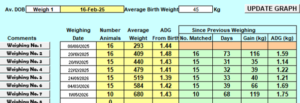 Weighing records table with a header showing ‘Weigh 1 — 16‑Feb‑25’ and ‘Average Birth Weight 45 Kg’ and an ‘UPDATE GRAPH’ control. Columns are: Comments (Weighing No.), Weighing Date, Number Animals, Average Weight, ADG From Birth, and ‘Since Previous Weighing’ split into No. Matched, Days, Gain (kg), ADG (kg). Sample rows show sequential weighings (Weighing No.1 through No.7) with dates from 08/08/2025 to 11/05/2026; number of animals mostly 15–16; average weights increasing across weighings (for example 293 kg, 409 kg, 440 kg, 479 kg, 519 kg, 584 kg, 680 kg); ADG from birth values around 1.2–1.7 kg/day; and between-weighing gains and ADGs (for instance 73 days, 116 kg gain, ADG 1.59 kg).