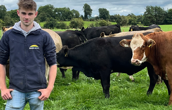 Shane McGuinness stands in front of a herd of cattle in a grassy field. 
