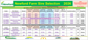 Slide titled 'Newford Farm Sire Selection 2026' showing two tables of AI 5-star sires chosen for the 2026 breeding season. The top table lists six Main Herd sires (codes and names include LM2644 Tomschoice Oriflame, LM9577 Drumline S1185, CH8580 Ramarin, CH2695 Kilvlicorris Udo, CH1753 Tamarin, AU2635 Deerpark Ultra) and shows columns for breed, terminal index and reliability, calving difficulty and calving reliability, carcass weight (kg), age at finished, conformation score, price (€) and supplier. The bottom table lists replacement-heifer sires (examples: LM7599 Moeibius, LM8929 Sliabh Felim Sterling, AU4683 Turloughmore Magnificent) with the same set of breeding and performance metrics. The slide includes Newford branding, partner logos and a footer with supporting organisations