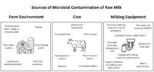 Diagram illustrating sources of microbial contamination in raw milk, divided into three sections: Farm Environment, Cow, and Milking Equipment. Each section lists specific contamination factors such as contaminated feed and poor water quality for Farm Environment, uncleaned tails and mastitis for Cow, and incorrect washing routines and cracked liners for Milking Equipment.