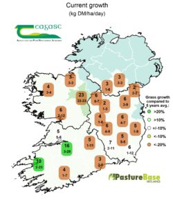 Current grass growth map Current grass growth rates in kg dry matter per hectare per day, indicating higher growth in the southwest and lower growth across the north and east.