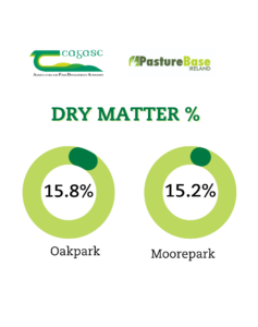 Dry matter percentage Oakpark 15.8% and Moorepark 15.2%.