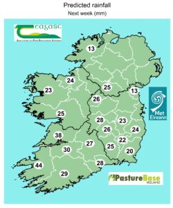 Predicted rainfall map Predicted rainfall totals in millimetres for next week, generally in the 20–40 mm range, with higher totals indicated in southern and western areas.