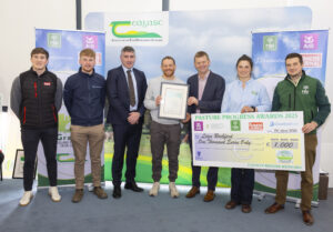 Liam Rochford, Co. Wexford, County. Wexford, Leinster Regional Winner of the Pasture Progress Awards 2025, pictured at Teagasc Johnstown Castle at the Pasture Progress Awards with are Daire Cregg, Farmers Journal, Stephen Carey, Grassland Agro, Michael Murphy, AIB Regional Agri Advisor, Liam Rochford, Regional Award Winner, John Macnamara, Chair of the Teagasc Grass10, Nikki Kennedy, Teagasc and Kenneth Barry of FBD. 
