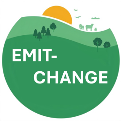 Project logo, a green circle with an orange sun, trees, livestock and the project name written in white block capitals.