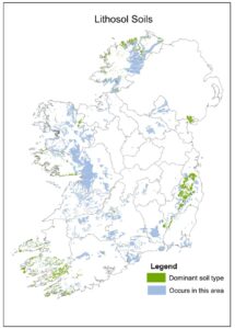 Map of Ireland titled “Lithosol Soils.” Green areas indicate where lithosol soils are the dominant soil type, while light blue shading shows areas where they also occur. These shallow rocky soils are concentrated mainly in upland and western coastal regions. County boundaries are outlined in grey, with a legend distinguishing dominant and associated areas.