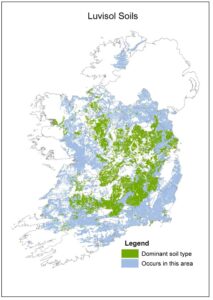 Map of Ireland titled “Luvisol Soils.” Green highlighted areas show where luvisol soils are dominant, while light blue shading indicates areas where they also occur. These soils are concentrated mainly across the midlands, east, and southeast of Ireland. County boundaries are outlined in grey, with a legend distinguishing dominant and associated areas.