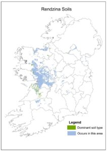 Map of Ireland titled “Rendzina Soils.” Green highlighted areas show where rendzina soils are the dominant soil type, while light blue shading indicates areas where they also occur. The soils are concentrated mainly in limestone regions of the west and northwest. County boundaries are outlined in grey, with a legend distinguishing dominant and associated areas.