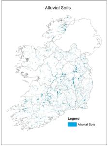 Map of Ireland titled “Alluvial Soils.” Blue highlighted areas trace river valleys, floodplains, and low-lying coastal areas across the country, showing the distribution of alluvial soils. County boundaries are outlined in grey, with a legend identifying alluvial soils in blue.